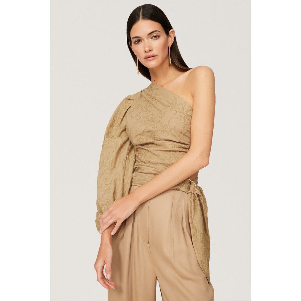 Maje Lalmeto One Sleeve Cut Out Ruched Tie Waist Tan Top Size Large - Picture 2 of 13